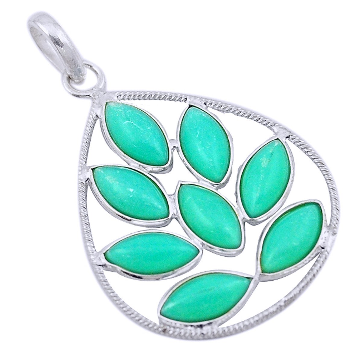 Pendentif en argent goutte avec des feuilles en calcédoine bleu vert + chaine 3,5cm gxi357
