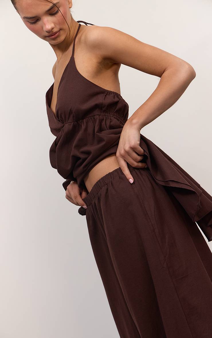 Marron Pantalon Ballon En Lin Chocolat
