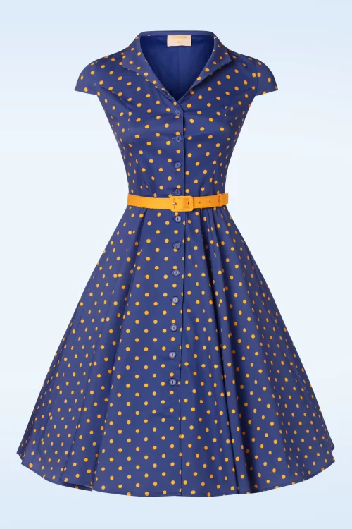 Topvintage Boutique Collection Topvintage exclusive ~ Angie Polkadot swing jurk in blauw en geel
