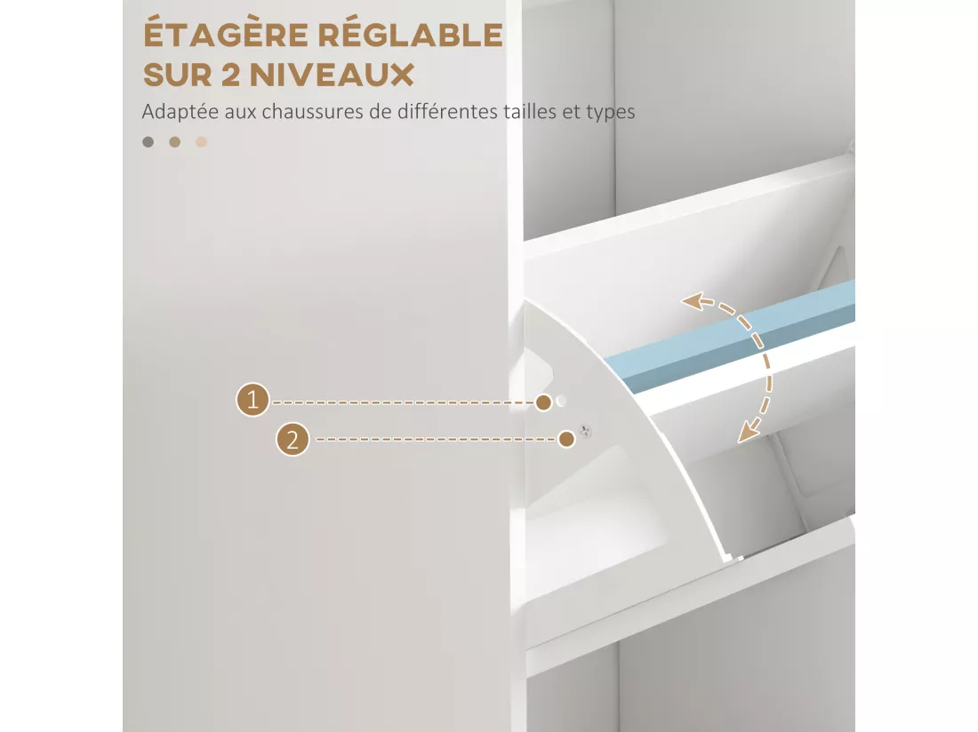 Meuble à chaussures 3 portes abattants 3 étagères poignées métal noir MDF blanc