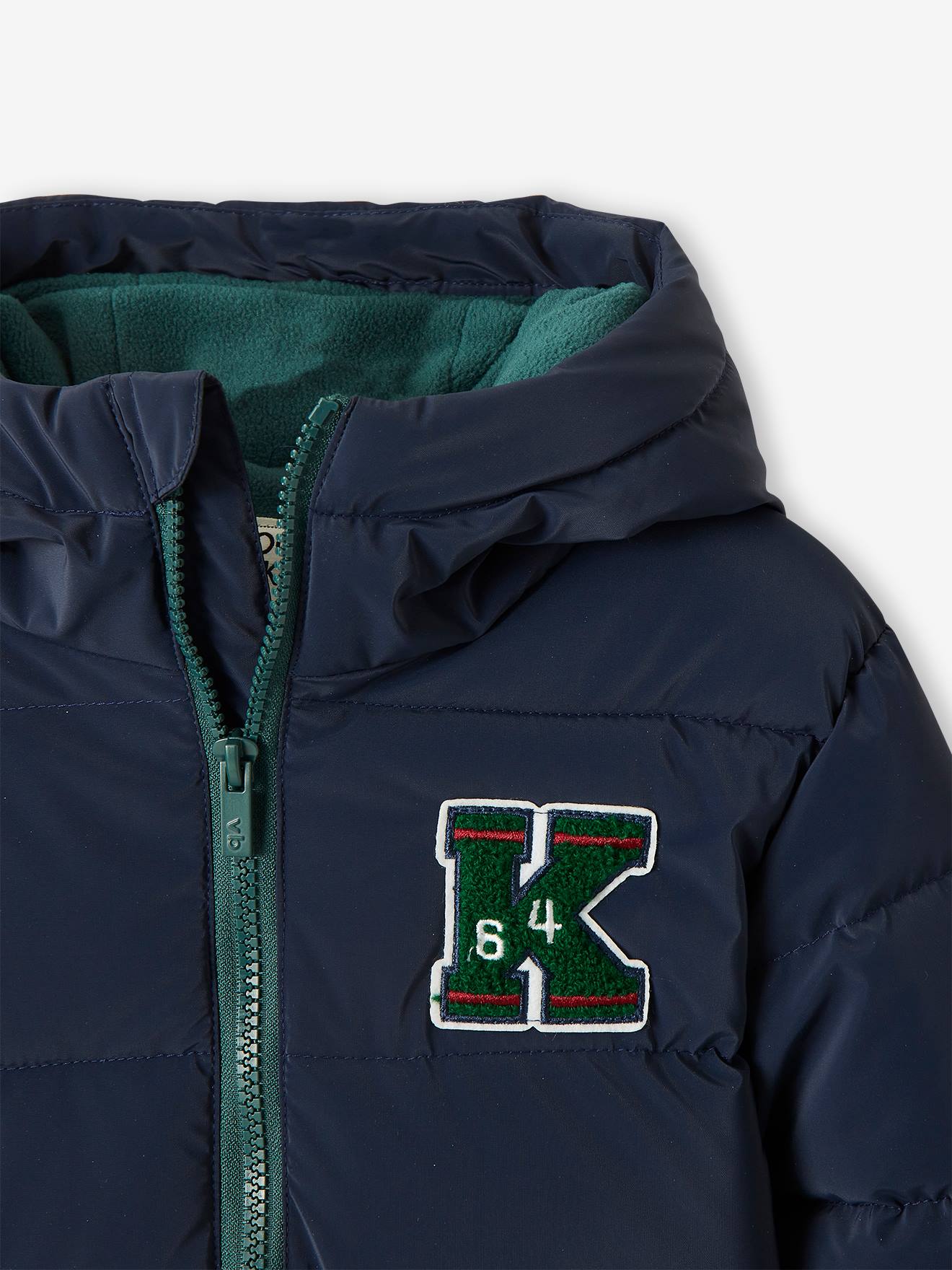 Jaqueta universitária acolchoada com emblema e forro de lã, jaqueta lisa azul-escura com estampa para menino.