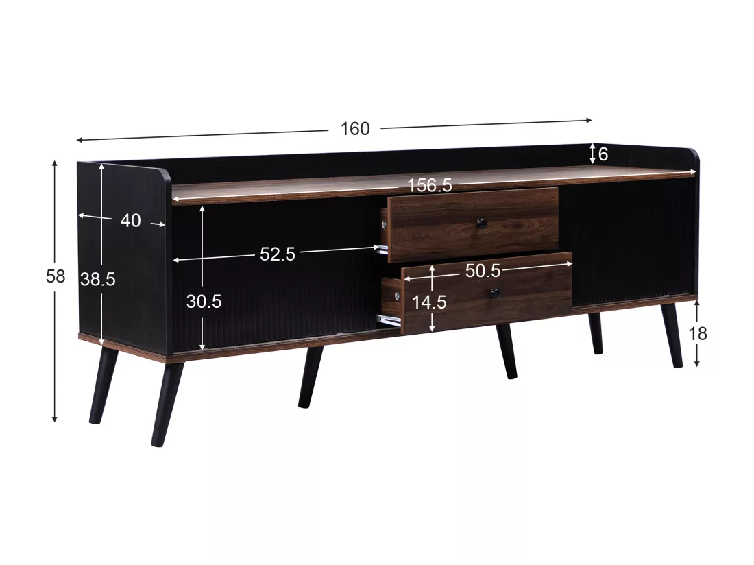 Meuble TV effet bois et noir avec 2 tiroirs au central et 2 portes coulissantes H58/L160/P40cm UNGRUDS