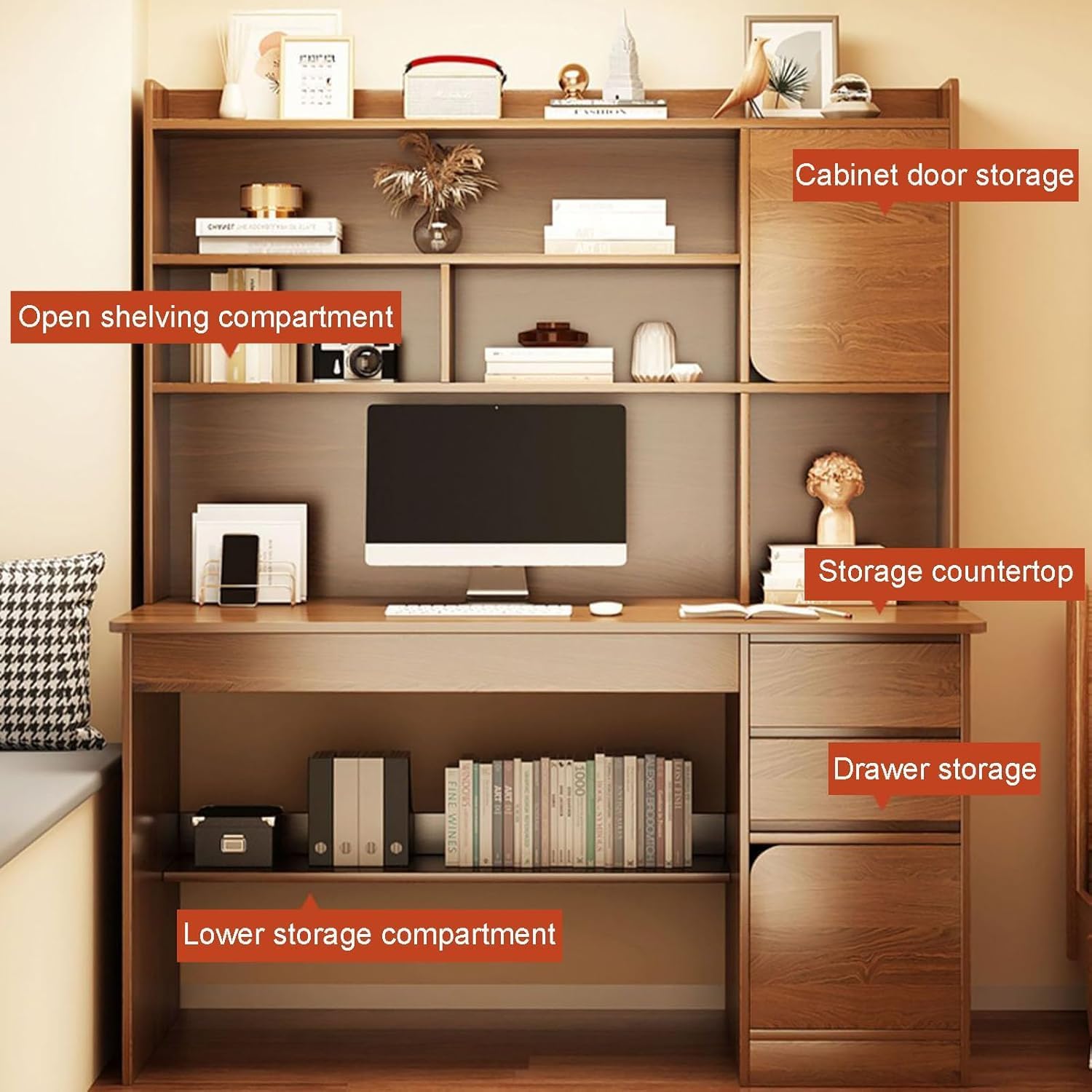 Computertisch aus Holz mit Schubladen und Ablagen，Moderner Weißer Schreibtisch mit Aufsatz Schreibtisch für Zuhause und Büro, mit Ablagefach Großer Home-Office-Schreibtis(Size:120x45x165cm,Color:Weiß)
