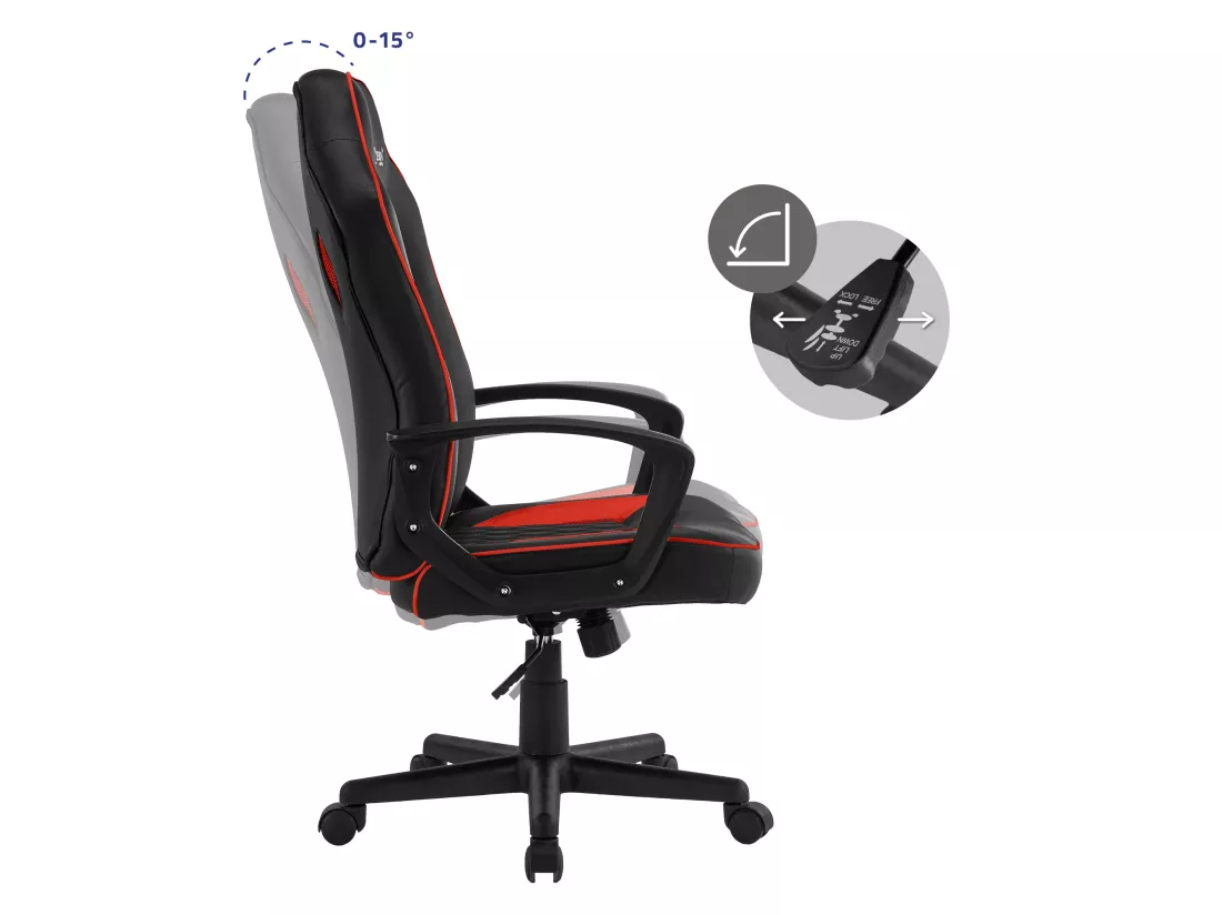 Chaise de gamer avec fonction bascule assise large noir/rouge en similicuir ML-Design