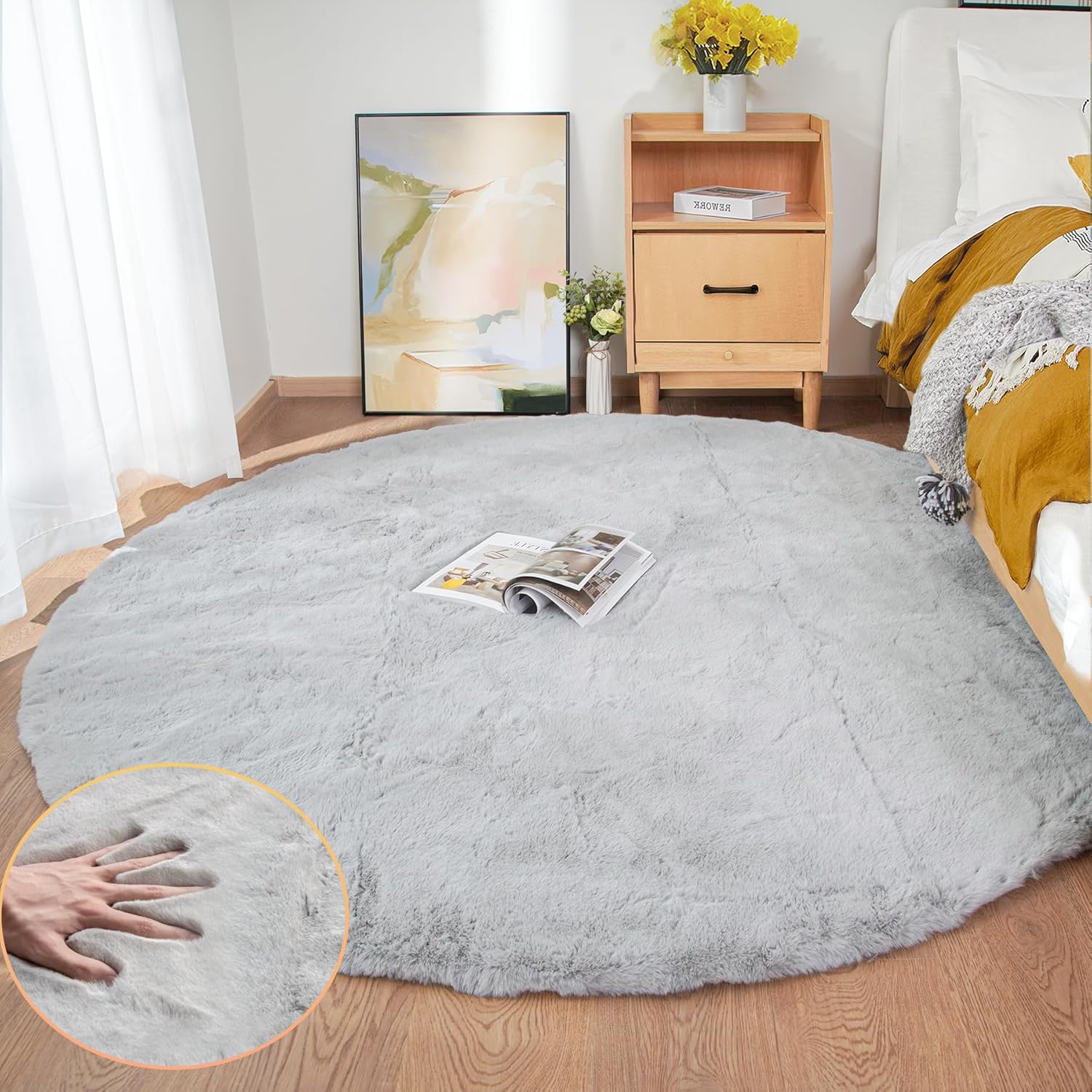 Teppich Wohnzimmer Rund Grau Waschbar 180 cm Flauschig Kunstfell Teppich Schlafzimmer Kinderzimmer Gegend Groß Weich