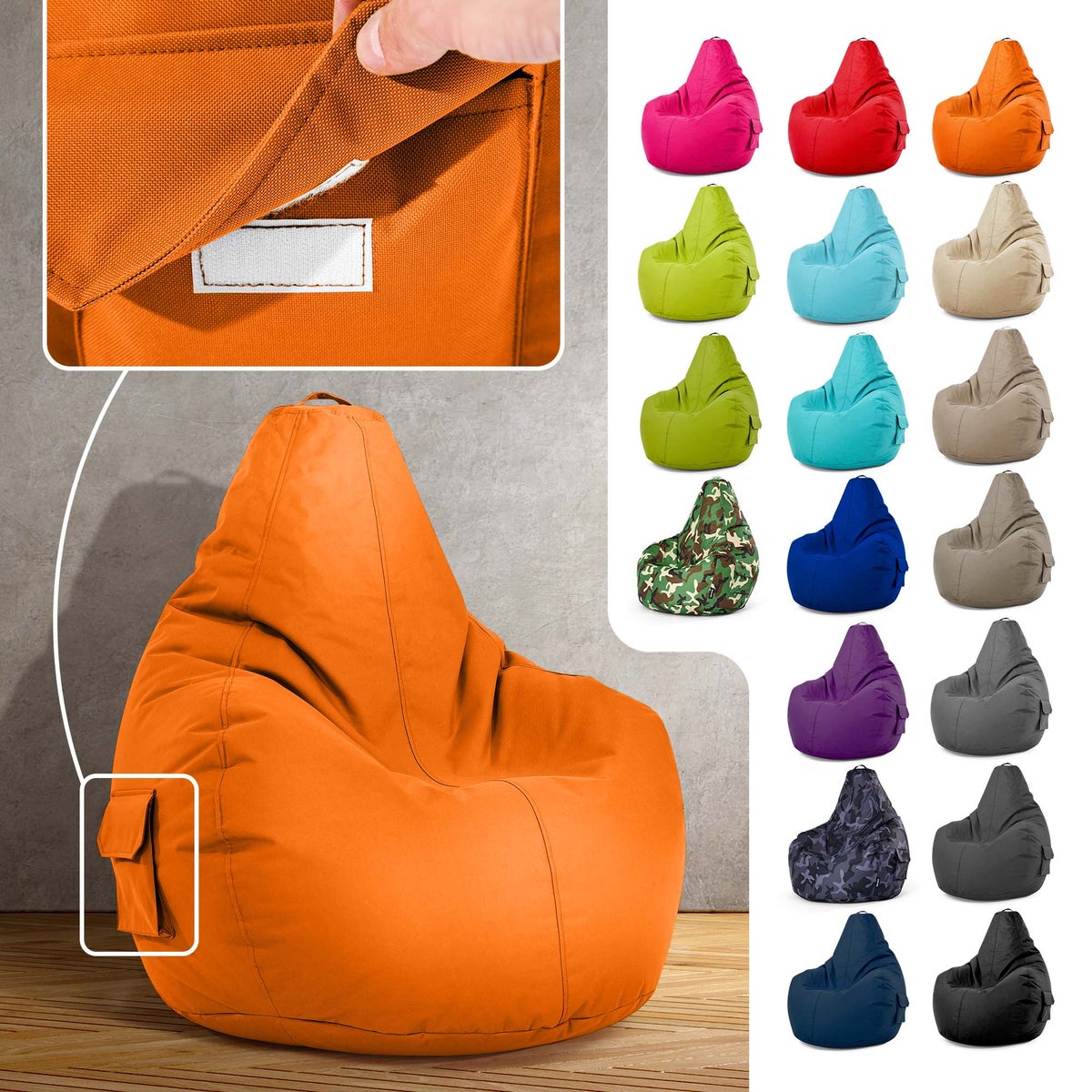 Green Bean Zitzak met rugleuning 80x70x90cm - Gaming stoel met 230L vulling, comfortabel, zacht, wasbaar - Zitzak vloerkussen, loungestoel, voetenbank, relaxstoel, gamerstoel, oranje