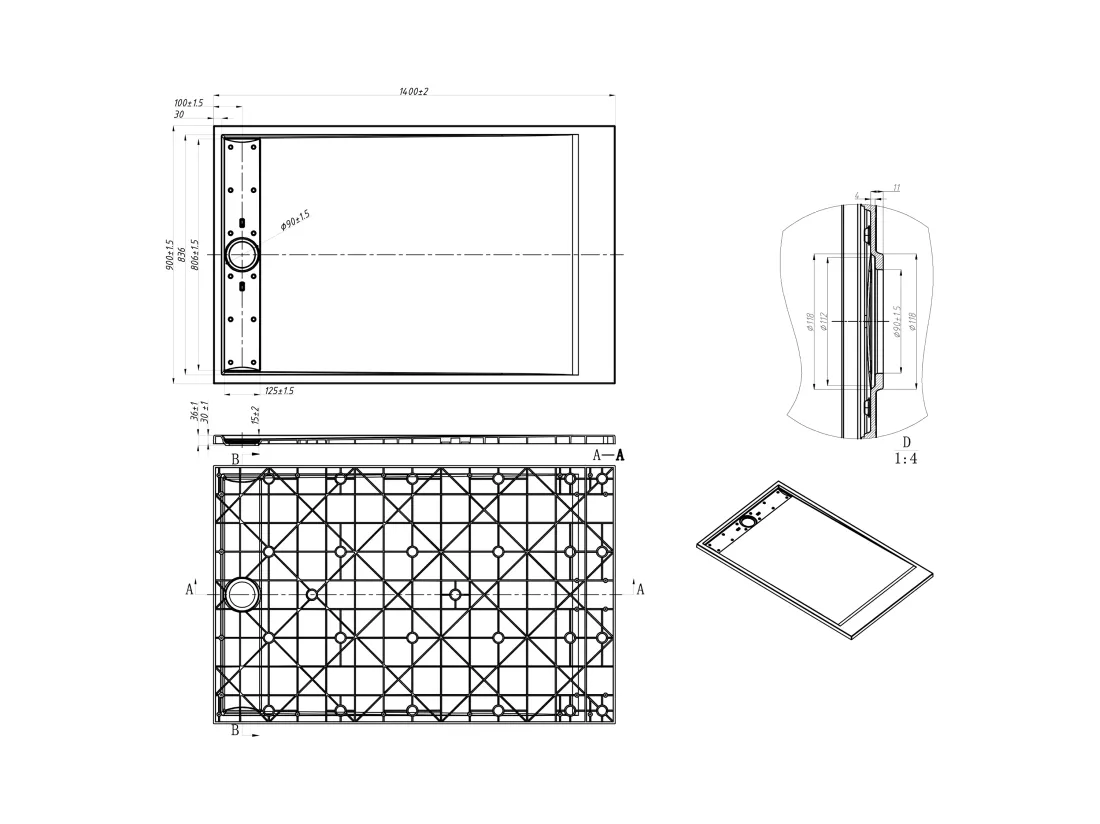 Receveur extra-plat à poser ou à encastrer découpable en résine SMC avec siphon - Blanc - 140 x 90 cm - LYROSA