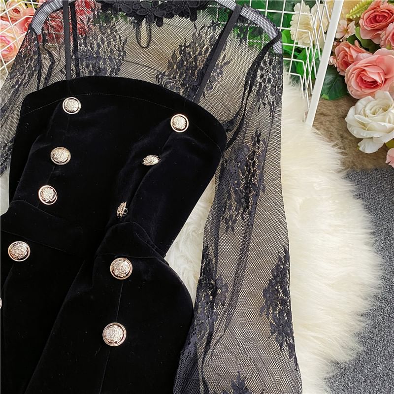 Yearnin - Set: Lange mouwen mesh top + dubbelrijs fluwelen playsuit