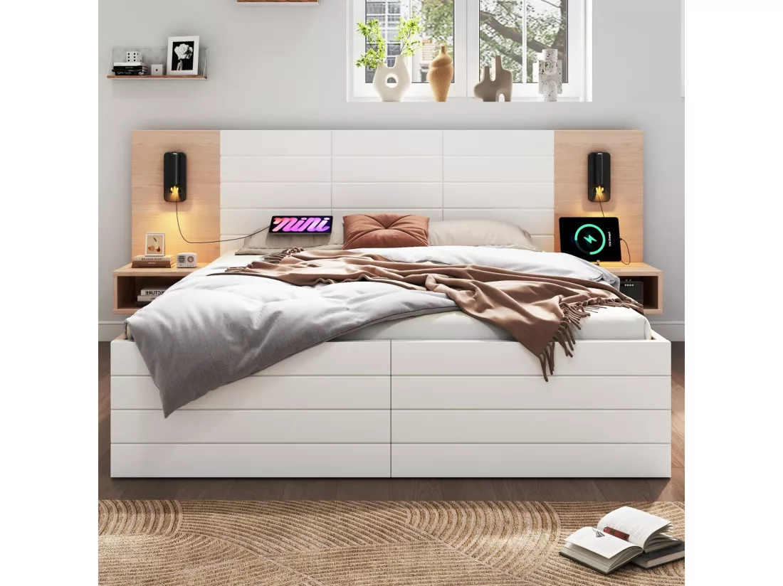 Lit avec tiroirs et chevets 180x200cm, chêne blanc, avec lampes de lecture 360° et Ports de charge USB, 255×207x80cm