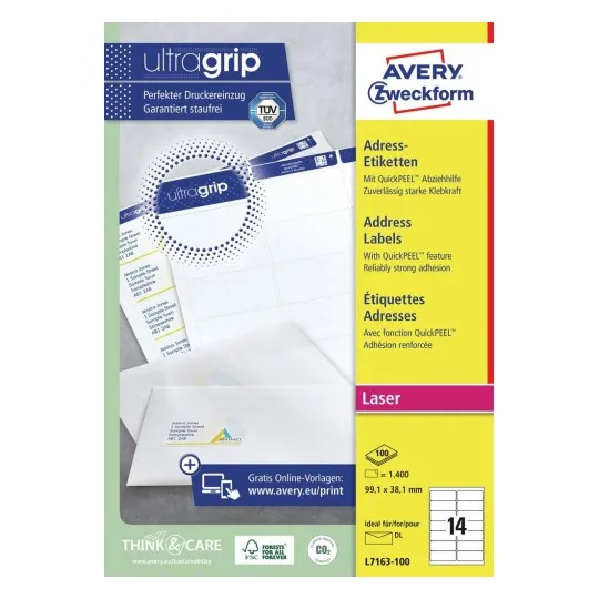 Adresseetiket Avery 99,1x38,1 mm hvid - (100 ark x 14 stk.)