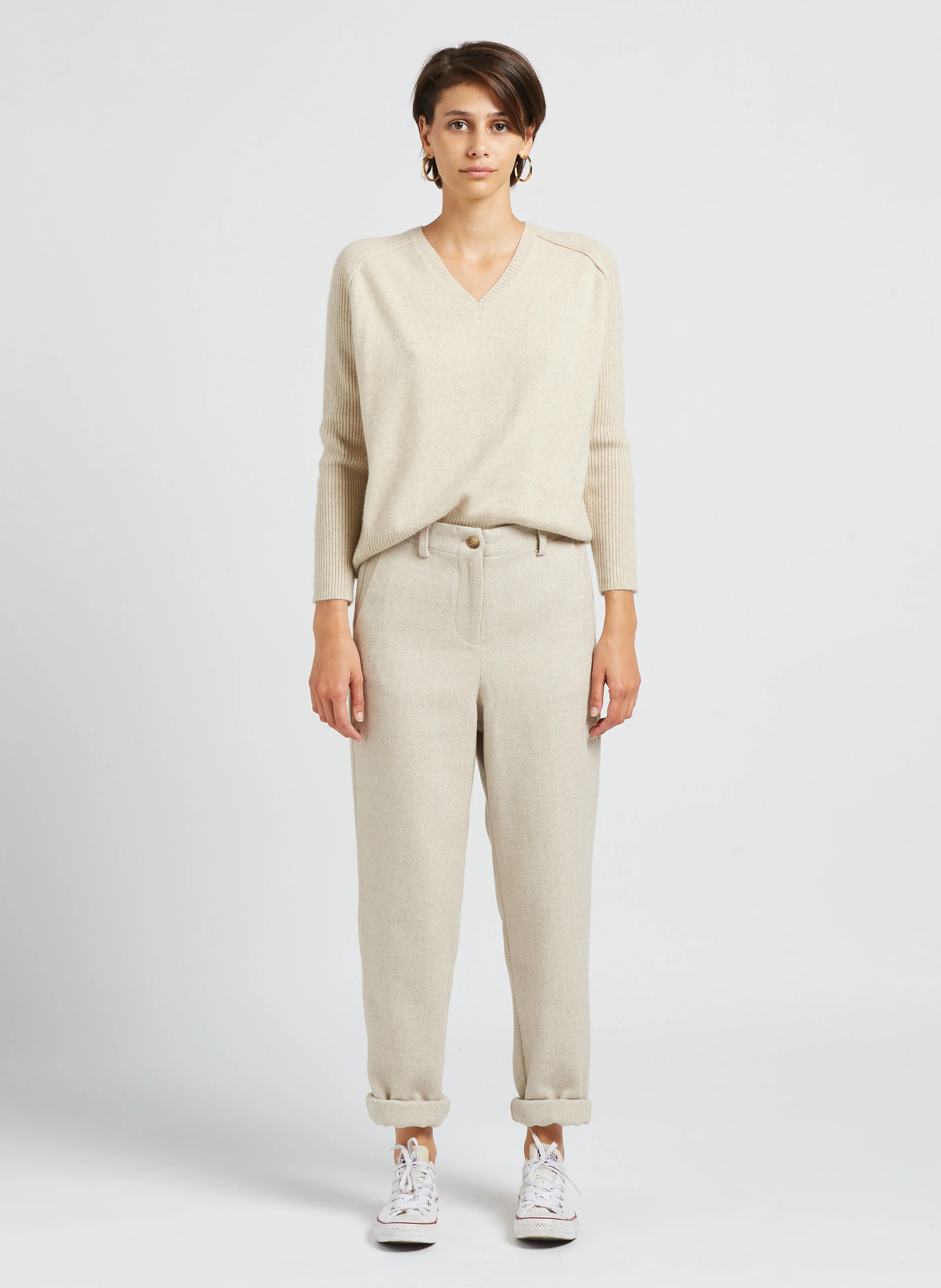 SEPTEMBRE - Pull ample col v en laine mélangée | Beige