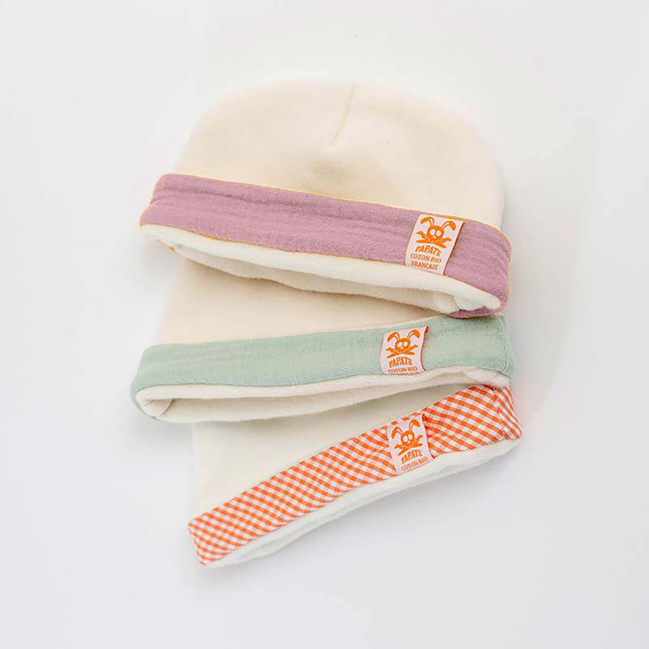 Papate Bonnet de Naissance en Coton Bio blanc/rose - 20x12 cm