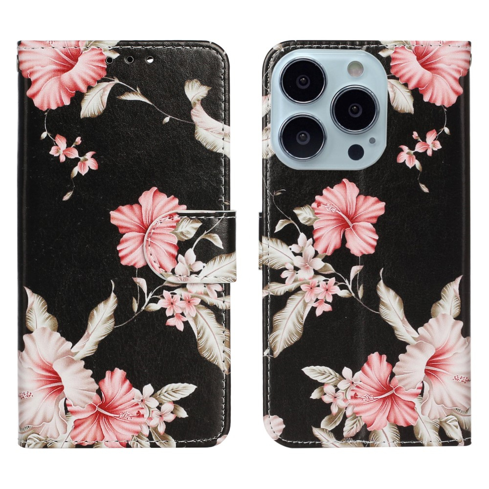 iPhone 13 Pro Leder Tasche Flip Cover Rosa Azalea Blumen - Schwarz