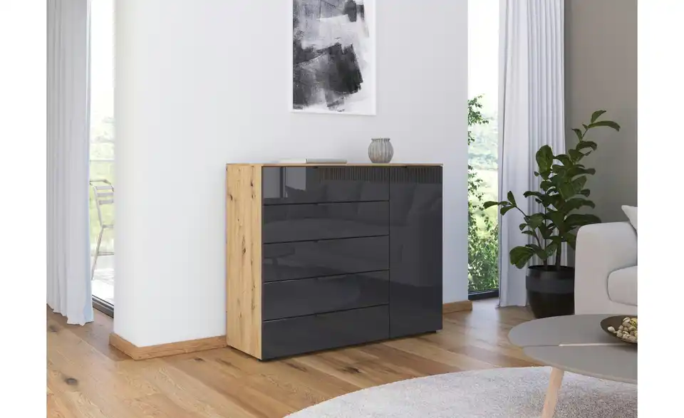 Sideboard Basaltgrau, Eiche Artisan (Nachbildung) Basaltgrau, Eiche Artisan (Nachbildung) Front: Glas, Oberboden: Dekor Graphit