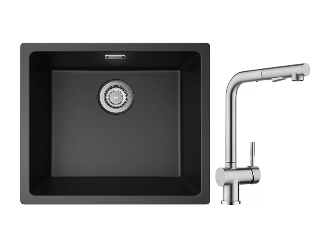 CECIPA MAX Evier 1 Bac en Quartz et Résine Noir Gris 50*44*20cm + Robinet Cuisine avec Douchette, Mitigeur Extractible Brossé