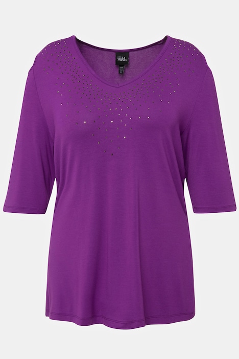 T-Shirt, Ziersteine, A-Linie, V-Ausschnitt, Halbarm
