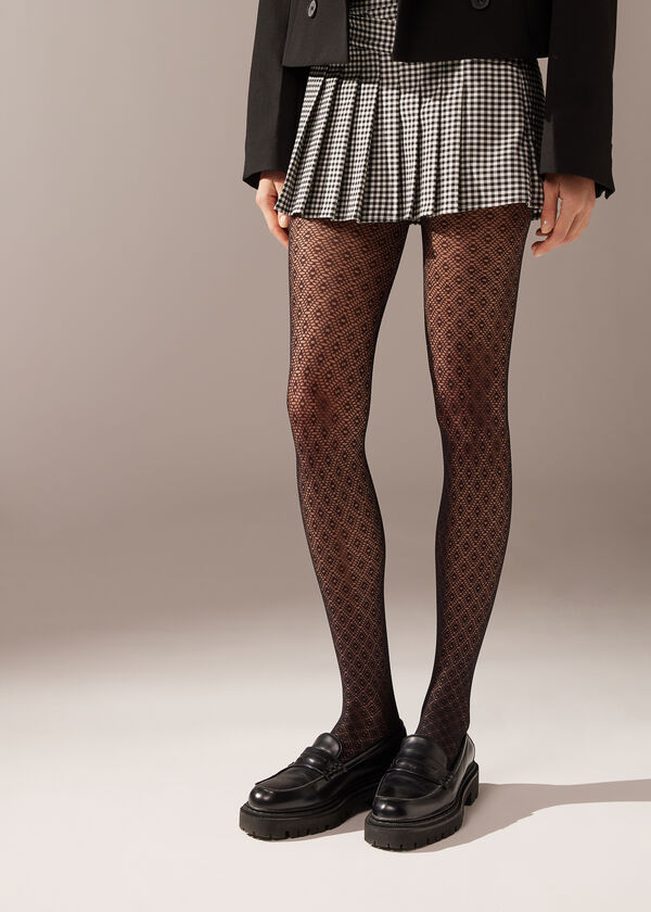 Meia-calça arrastão com padrão de diamante, 50 denier