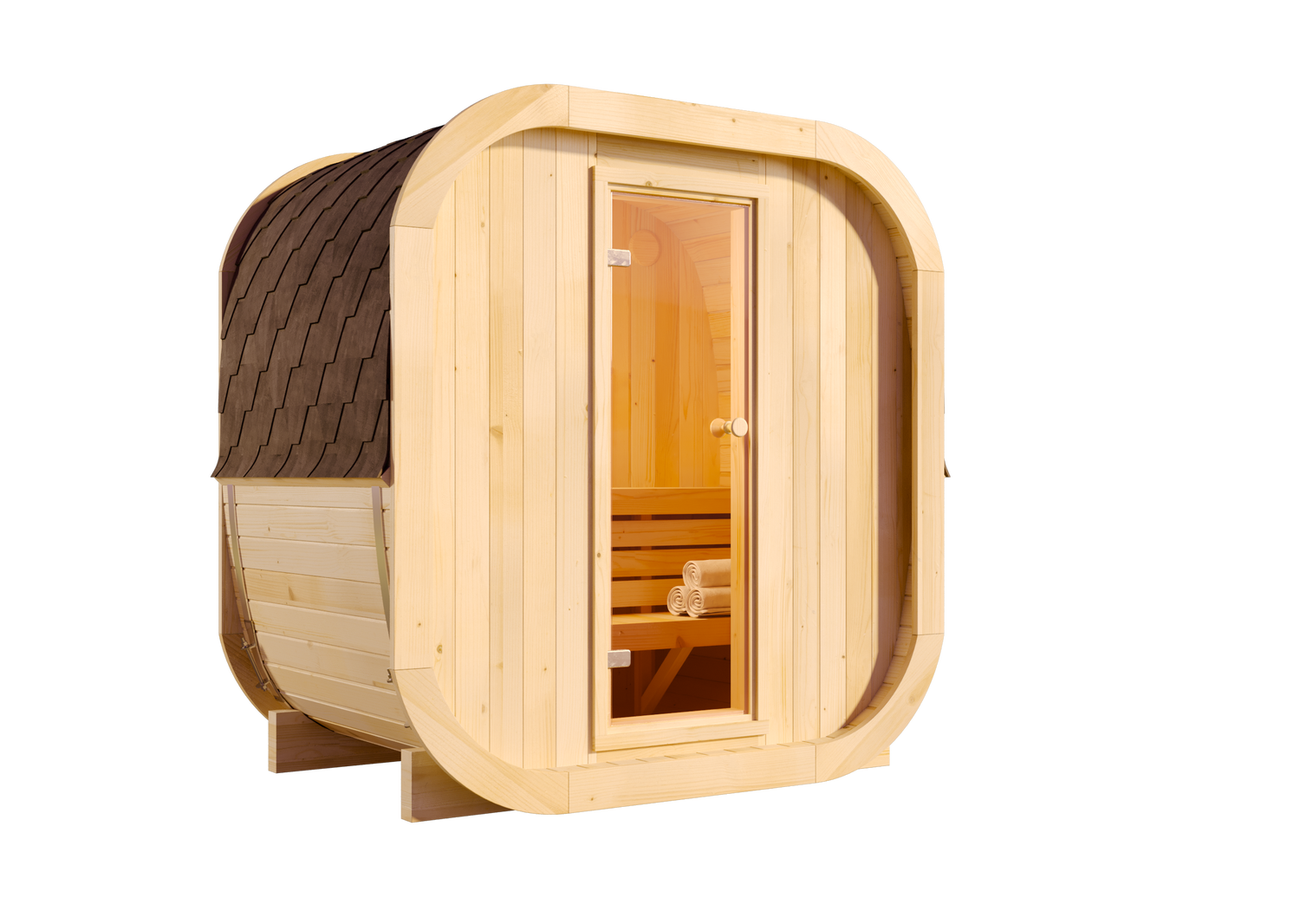 FinnTherm ScandiCube Mini XXS Barrelsauna met 1 houten bank, 42 mm wanddikte, buitensauna met bevestigingsmateriaal, zonder ramen, natuurlijke afwerking, 2,1 x 1,3 m