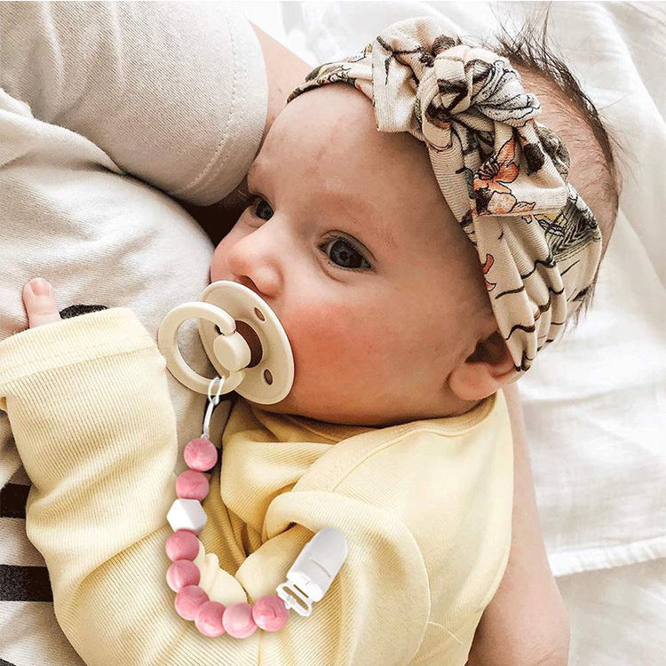 (27cm) Baby Nuggiband Perlen Schnullerkette mit Metall Clip - Grau / Weiss