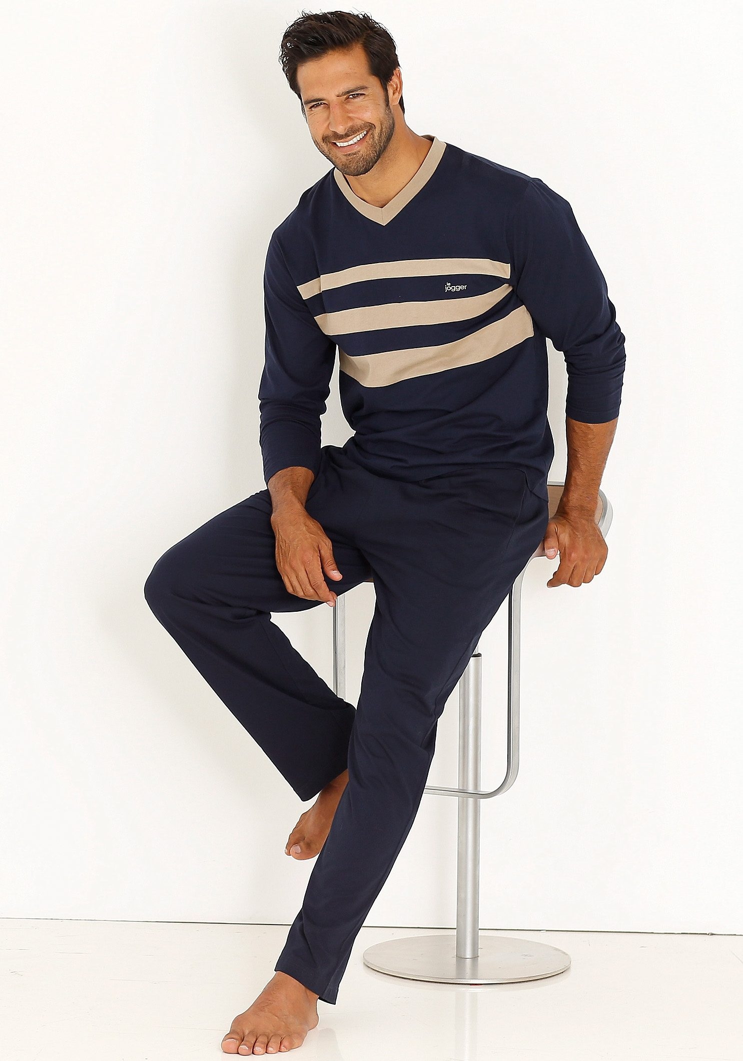 le jogger® Pyjama Packung, 2 Stück, 4 Stk. tlg., Schlafanzug mit kontrastfarbigen Einsätzen vorn