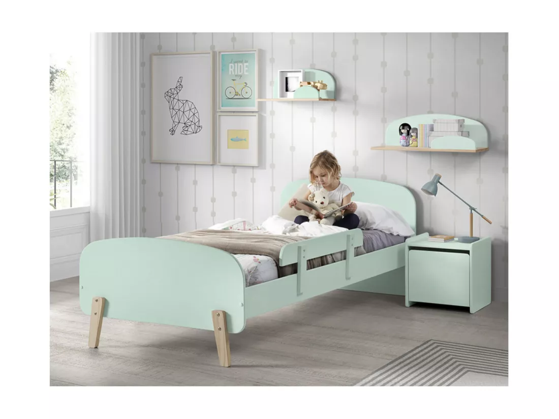 BODHI MINT - Lit 90x200cm avec Barrière + Chevet + Etagères