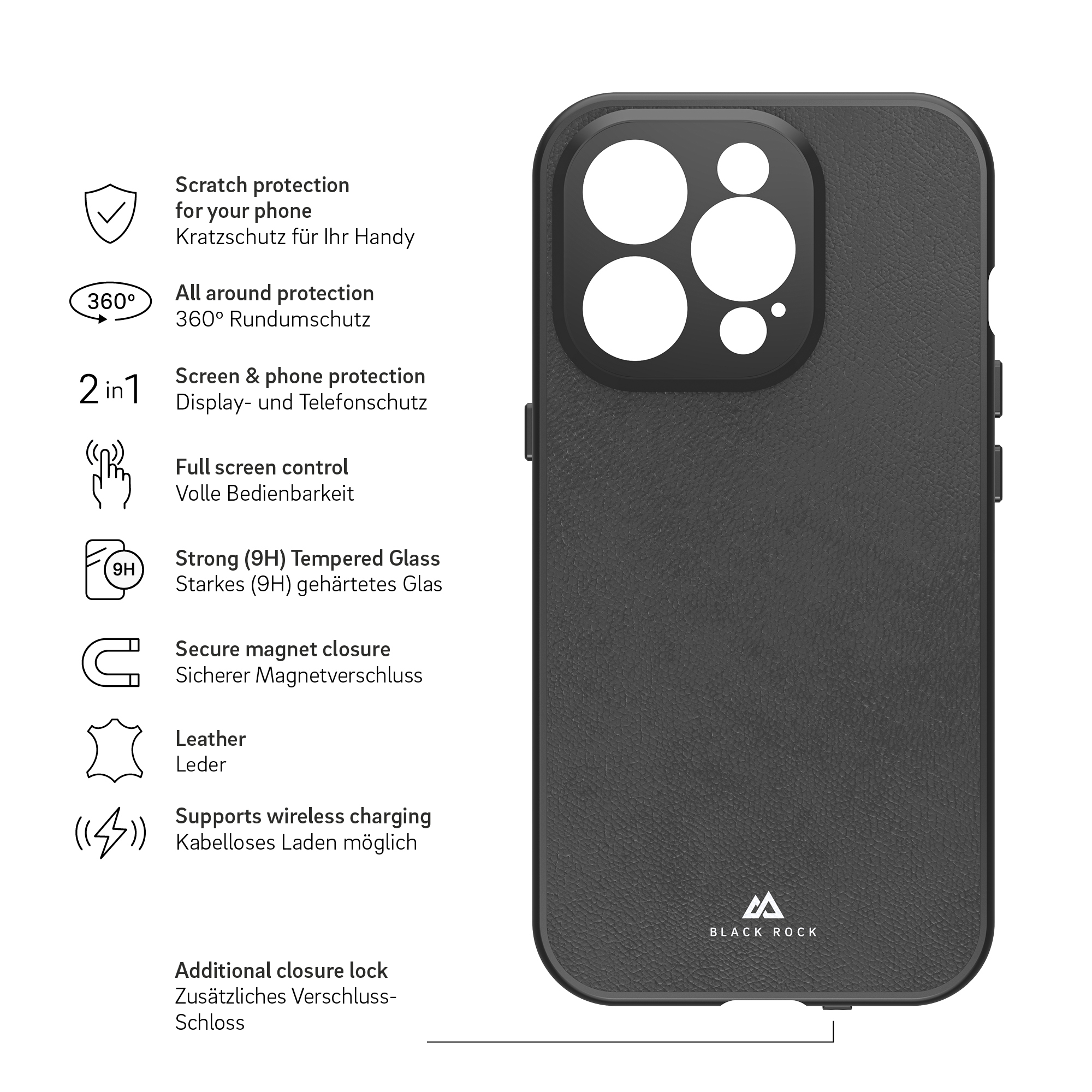 iPhone 14 Pro Magnetische 360° Glass Schutzhülle mit Echtleder Backcover   Display- / Kameraschutz (1210TGL02) - Schwarz