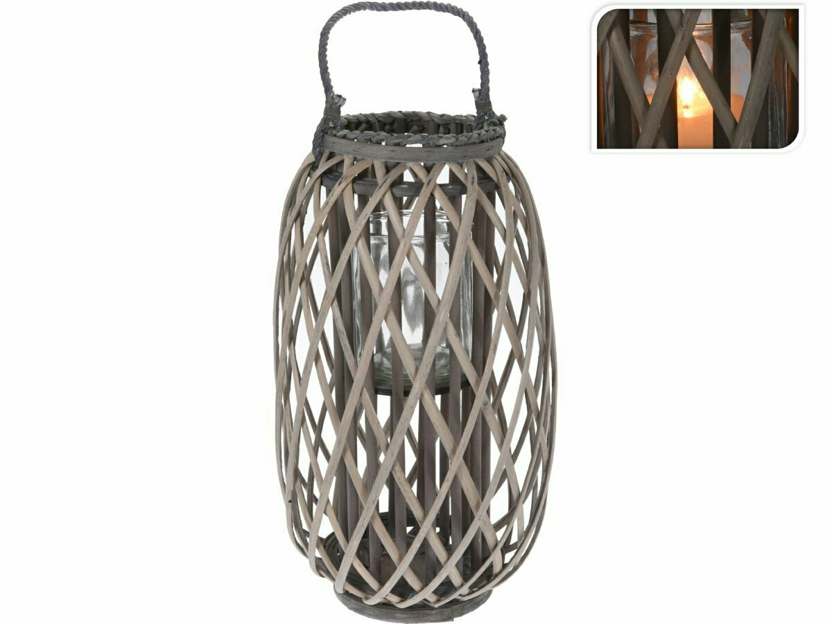 H & S Decoration Ø 28 x 50 cm rieten lantaarn - Grey