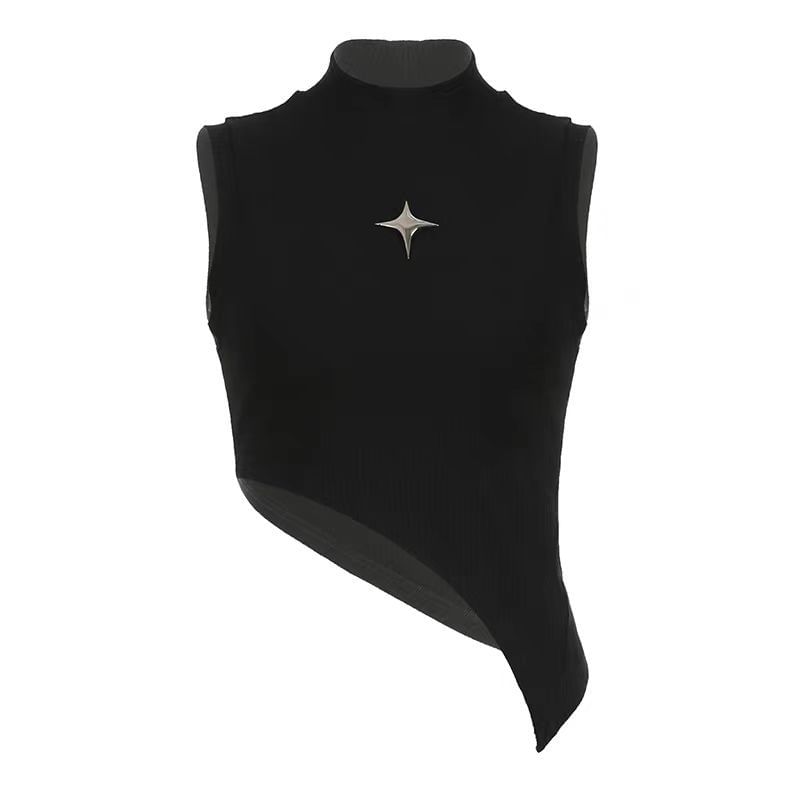 Onipixiy - Mock Neck Plain Asymmetrische Ster Accent Slim Fit Crop Tanktop