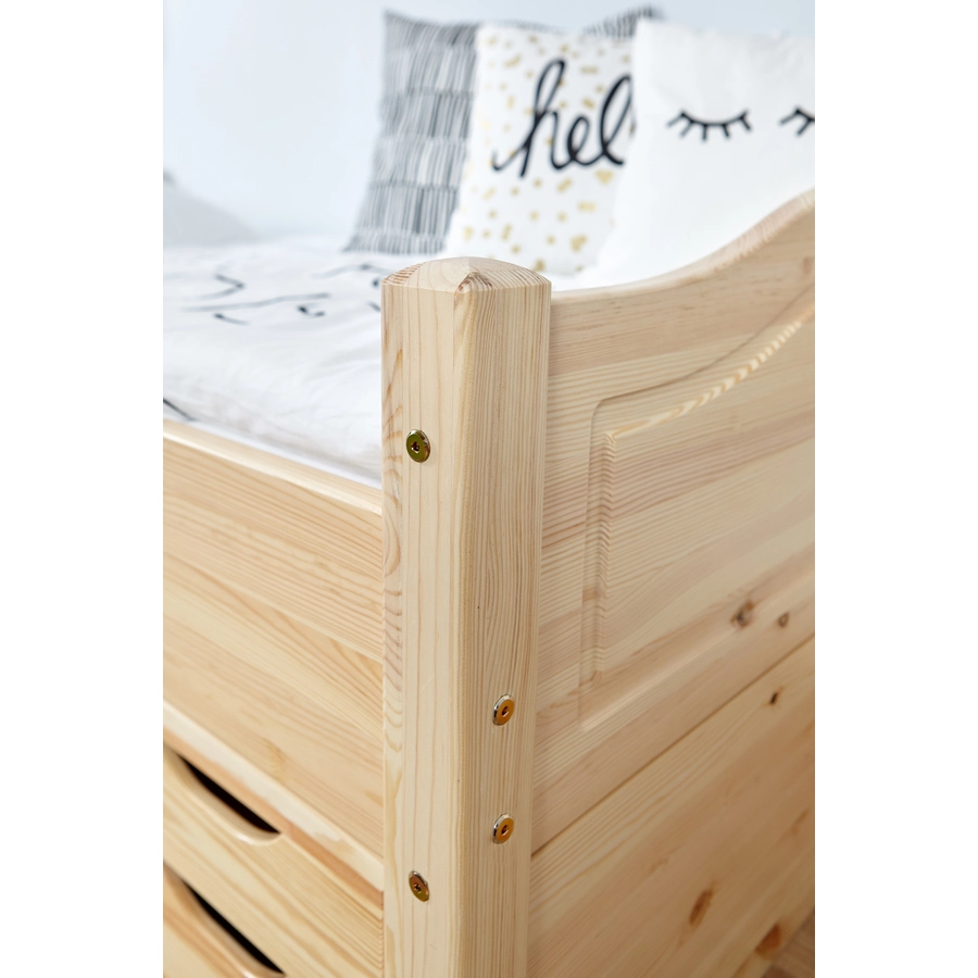 TiCAA Einzelbett Leni 90 x 200 cm Kiefer natur mit 4 Funktionsschubladen
