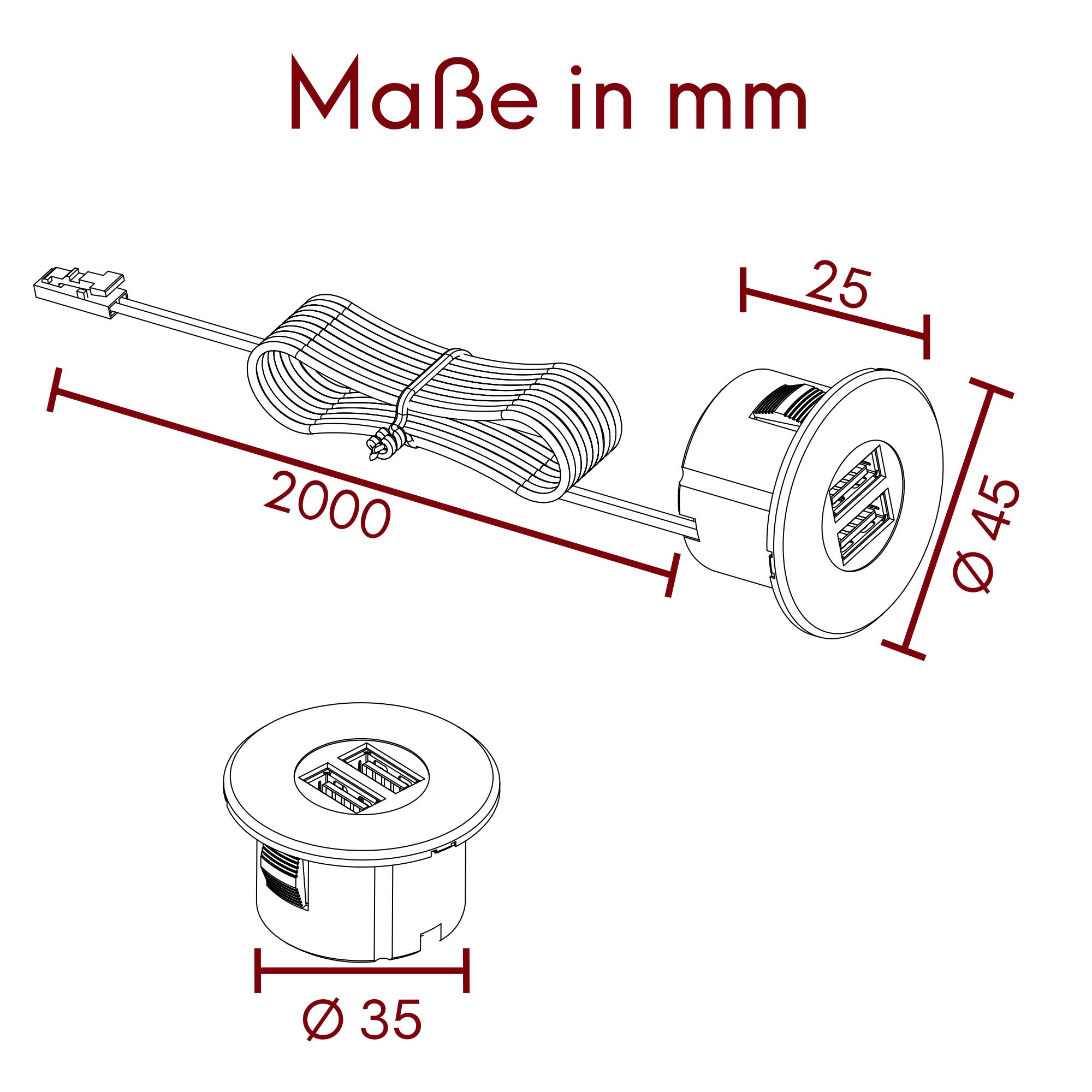 Einbau USB-Hub, Edelstahl, Steckdose für Smartphone, Tablet, E-Reader Möbeleinbau 12V