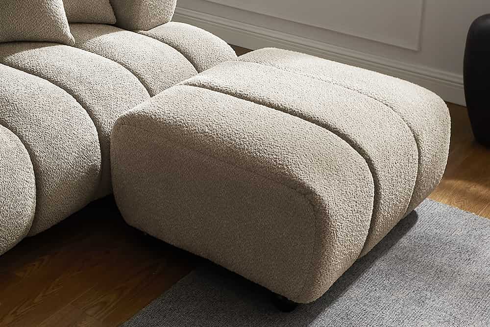 Moderner Hocker ADLON 100cm champagner greige Bouclé Federkern Fußhocker Sitzhocker