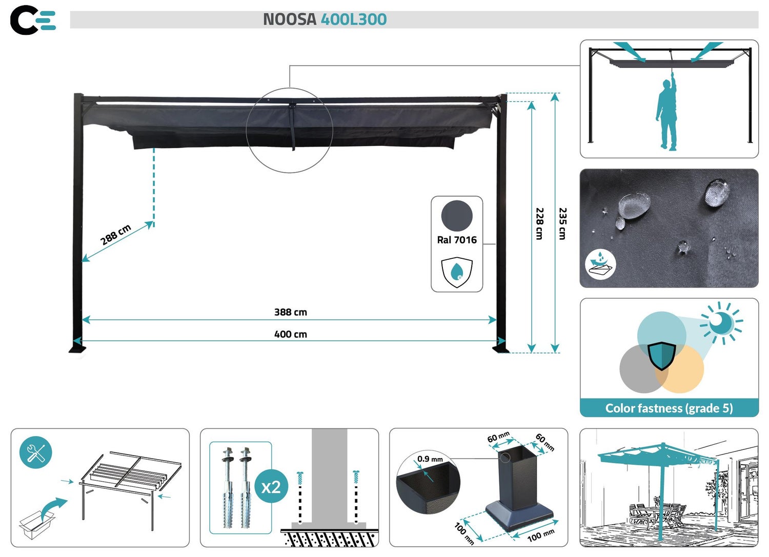 Pergola NOOSA 400L300 Antraciet Wandmontage