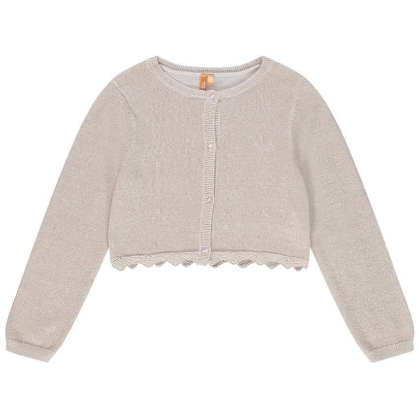 Gilet court en tricot avec base festonnée pour fille - Beige