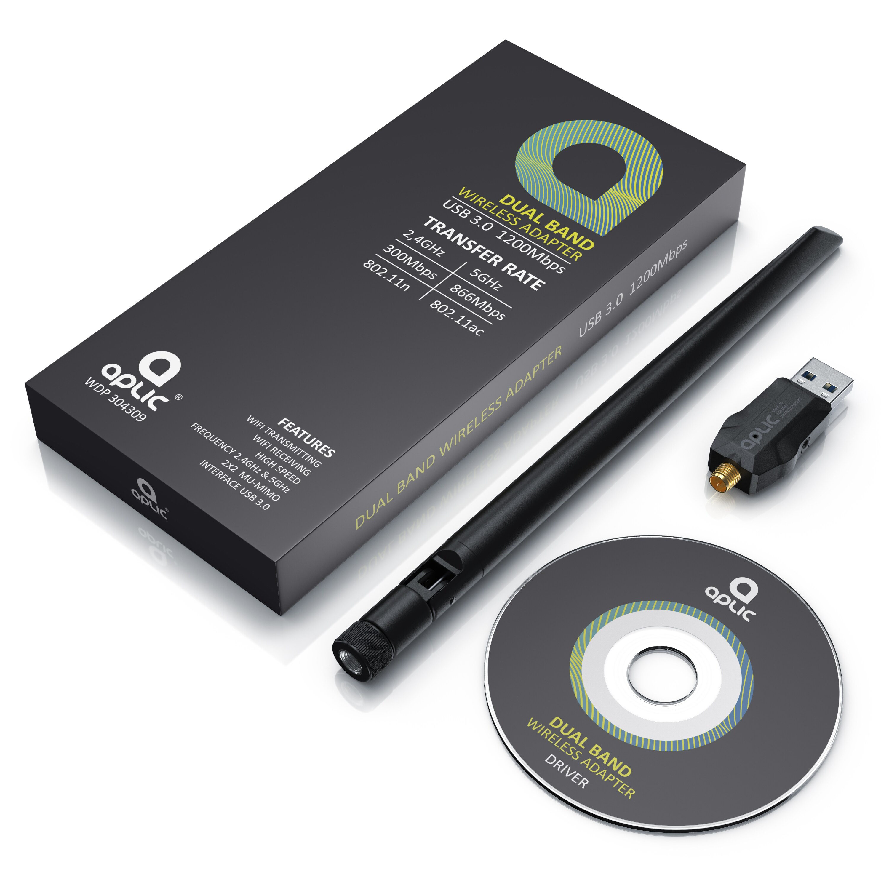Aplic WLAN Adapter 1200MBit/s - 2,4Ghz + 5Ghz - Dual Band - 5 dBi externe Antenne - Mini WiFi Stick 1200 MBit/s - Wireless LAN - USB 3.2 Gen.1