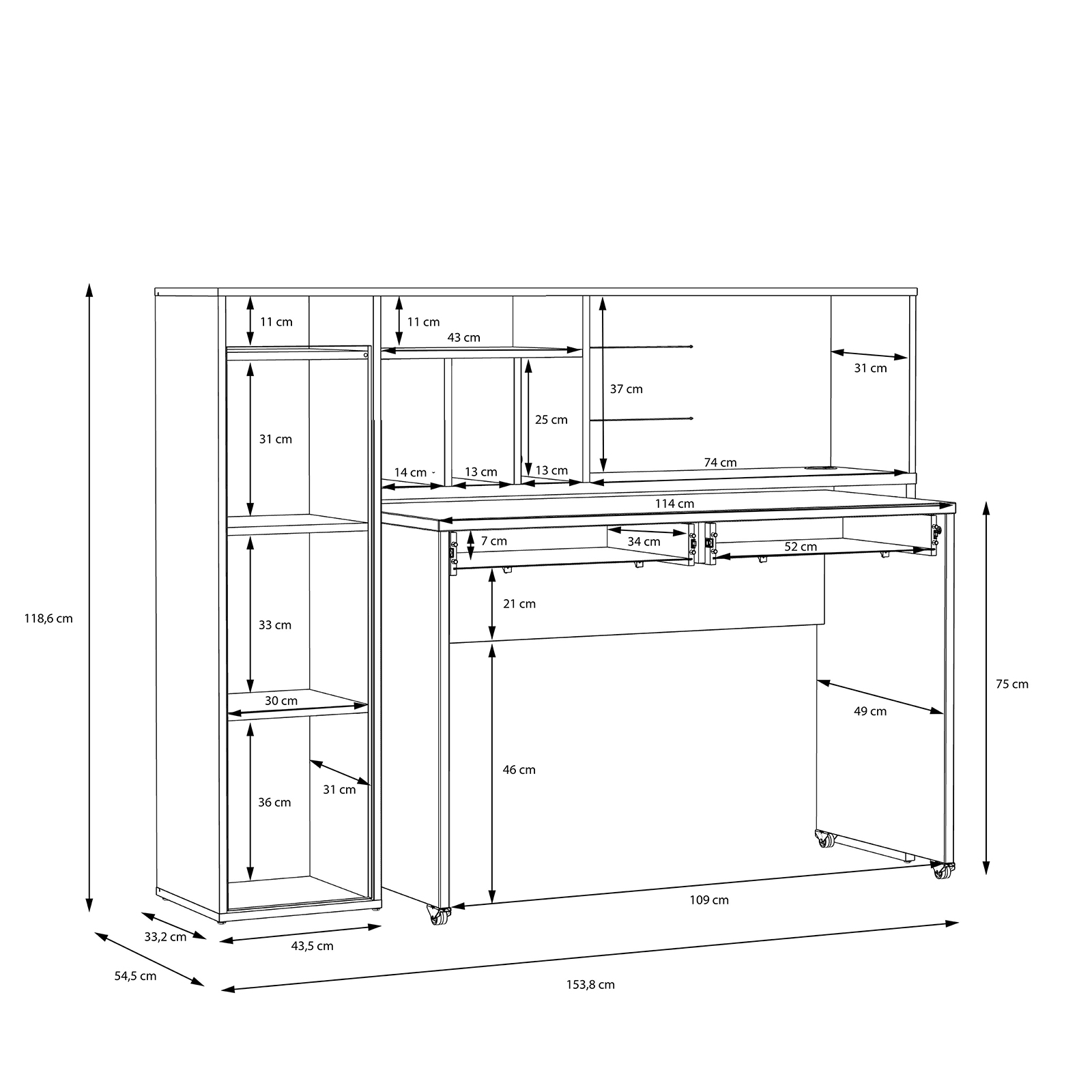 Schreibtischsystem - Artisan Eiche-Wolfram grau - mit Rollen - 154 cm