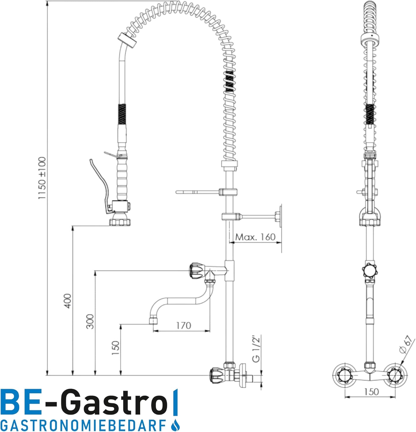 I Profi Gastro Geschirrbrause Zweiloch 'Premium' Wandarmatur inkl. Wasserhahn, Mischbatterie & ergonomischem Drehgriff | Gastrobrause mit Zubehör, Gastronomie Armatur, Wandanschluss