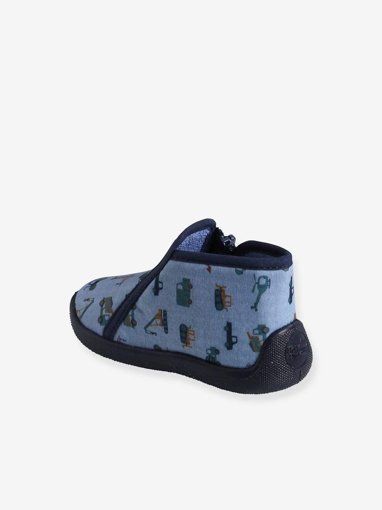 Pantufas de casa com zíper para bebês, fabricadas na França, estampa cinza.