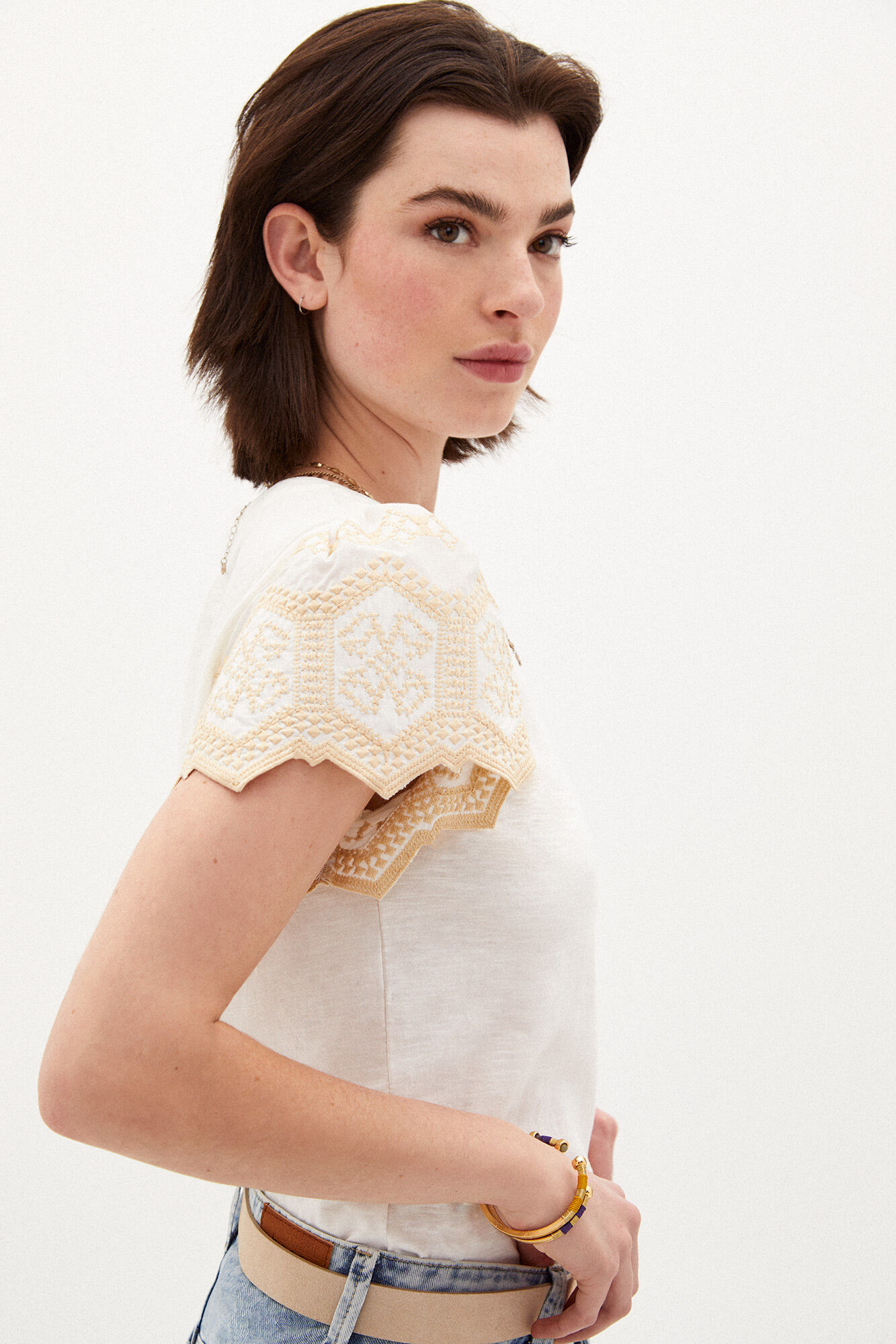 Camiseta Marie de algodão bordado - Bege