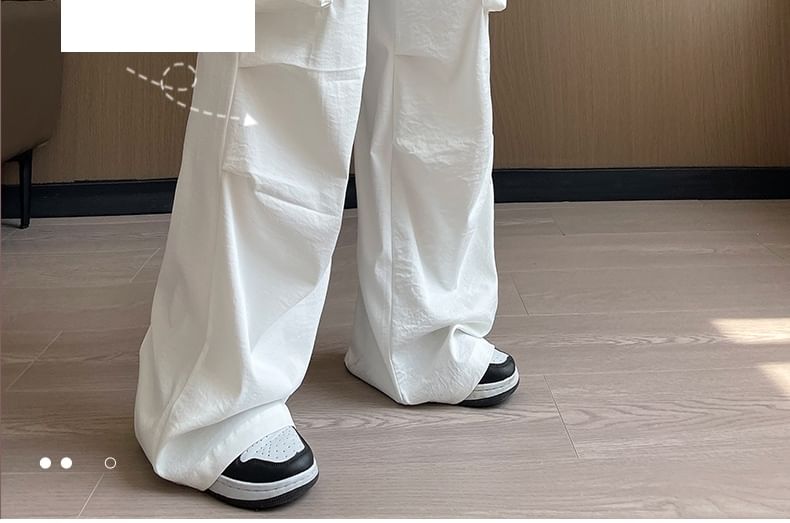 evanesce - Strikaccent Hoge Taille Effen Wijde Pijpen Parachute Cargo Joggingbroek