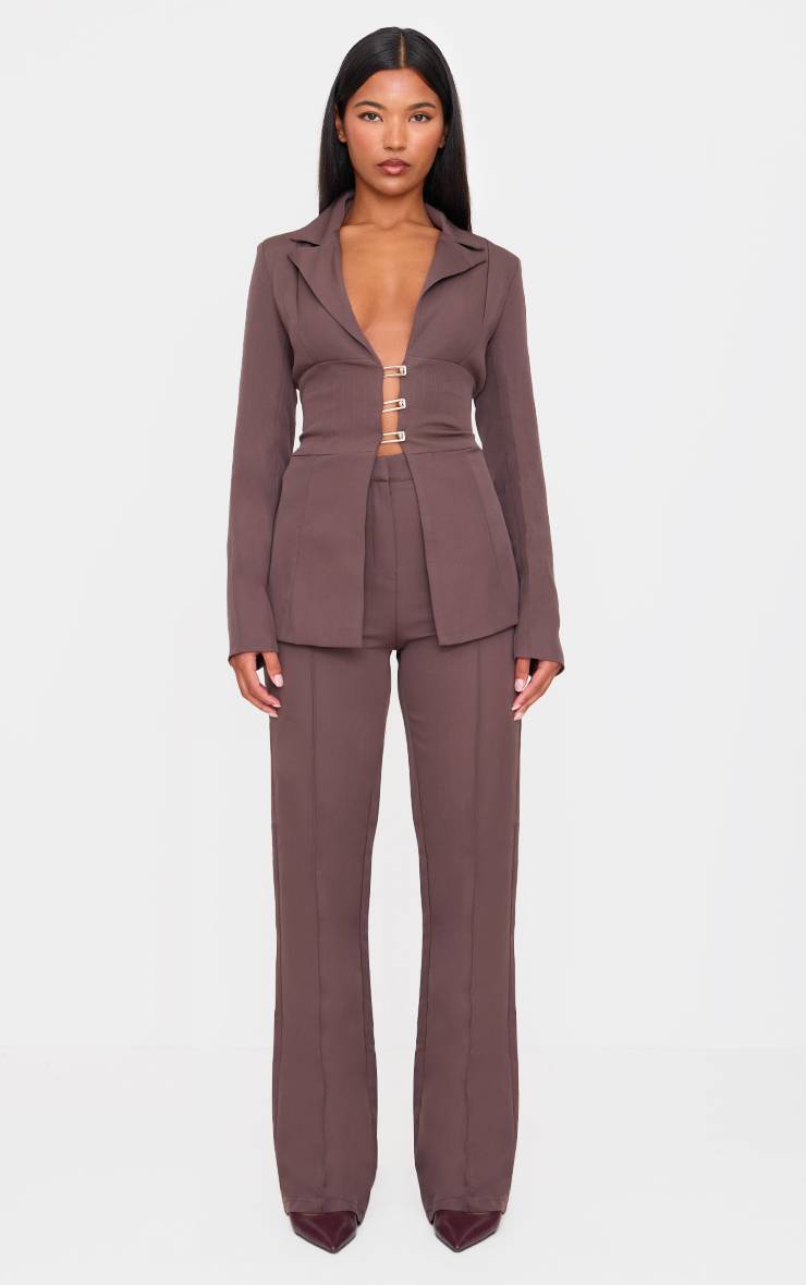 Chocolat Pantalon Large Taille Haute Tissé Et Structuré