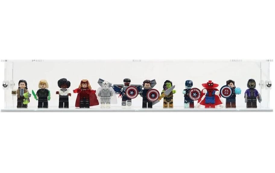 Baukasten Acryl-Display für 12 LEGO-MinifigurAcryl-Display-Box mit weissem Boden und Noppen