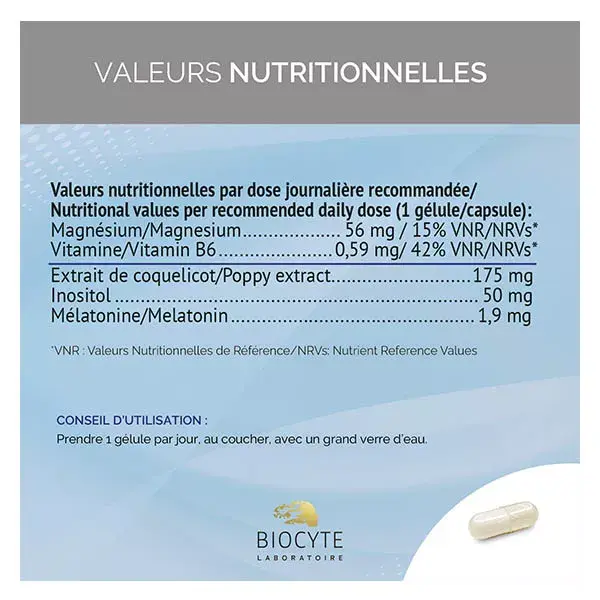 Biocyte Noctrim Sommeil Endormissement Mélatonine 1,9 mg Coquelicot 30 Gélules