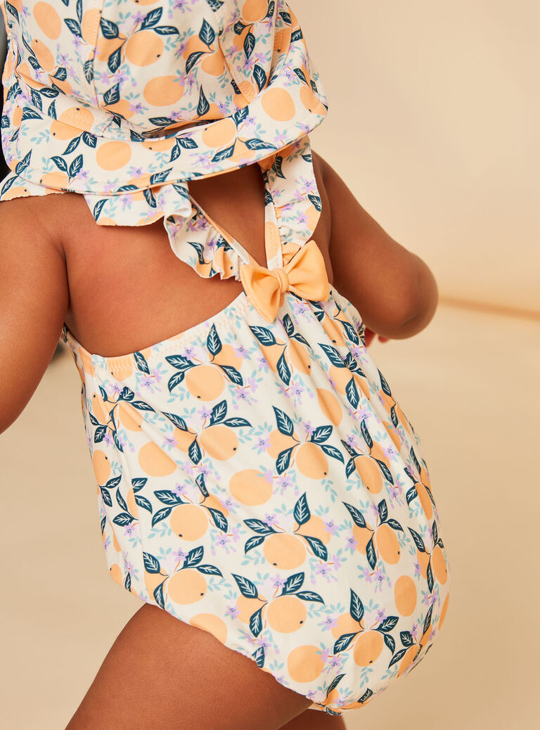 Maillot de bain 1 pièce orange et bleu à imprimé clémentines