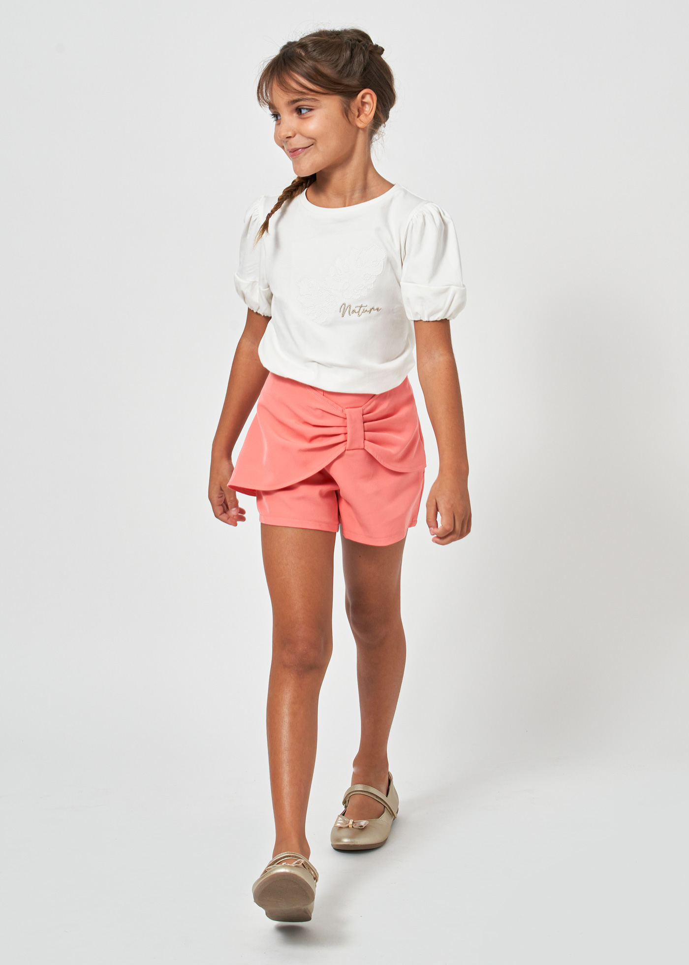 Saia-calça com laço, cor creme para menina