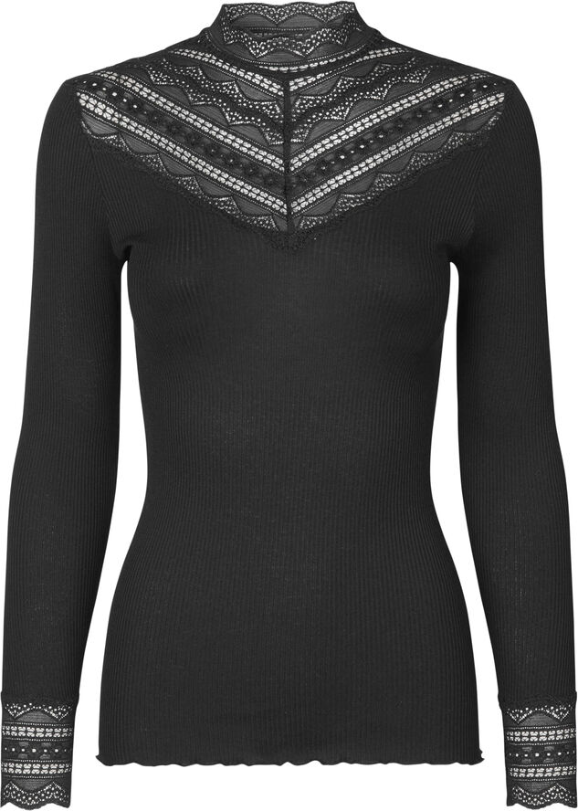 Rosemunde Silk T-shirt regular w/wide lace Sort