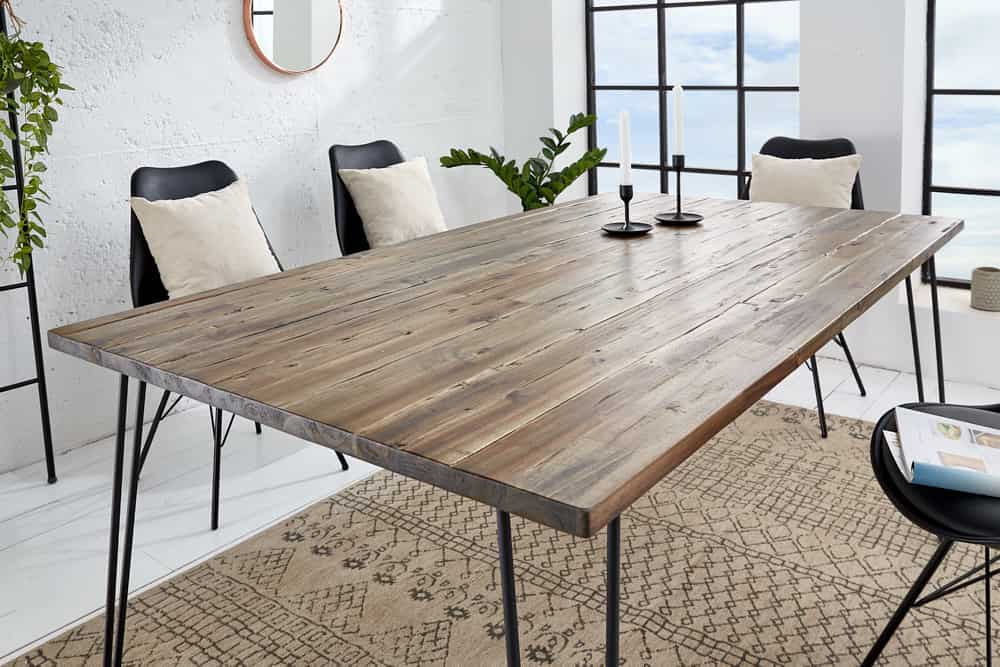 Massivholz Esstisch SCORPION 160cm braun Akazie schwarze Metallbeine Hairpin Legs Retro