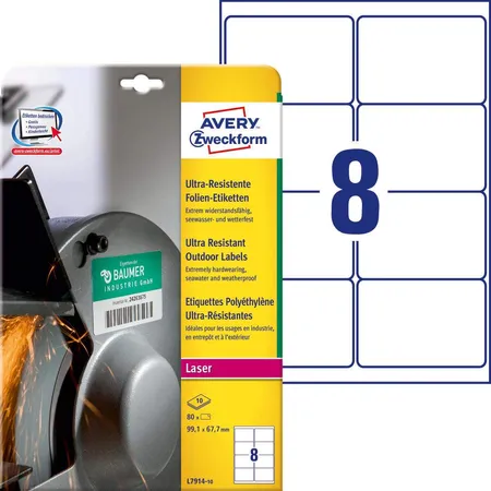 Avery Zweckform L7914-10 Ultra-Resistente Folien-Etiketten, 99,1 x 67,7 mm, 10 Bogen/80 Etiketten, weiß