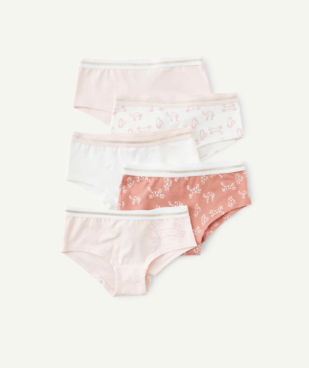 LOT DE 5 SHORTIES FILLE EN COTON BIO UNIS ET IMPRIMÉS CHATS