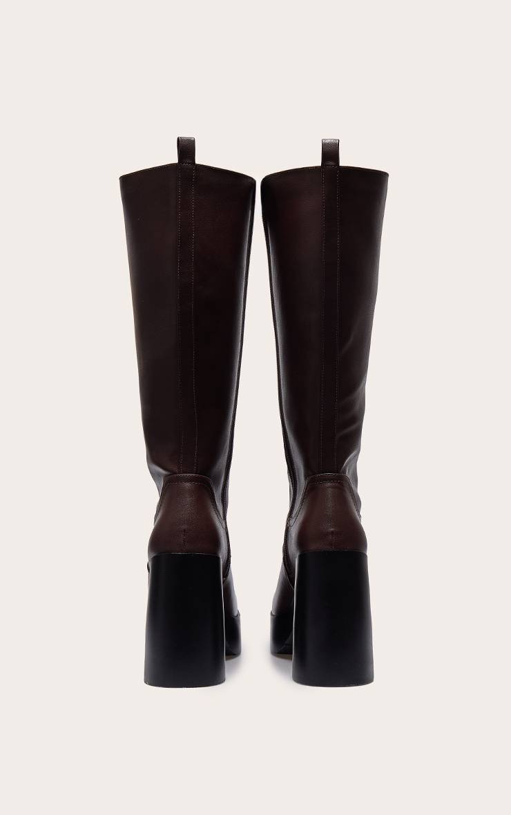 Chocolat Bottes Hautes Au Genou En Synthétiquecuir À Bout Carré Talon Bloc Plateforme Légère Coupe Large
