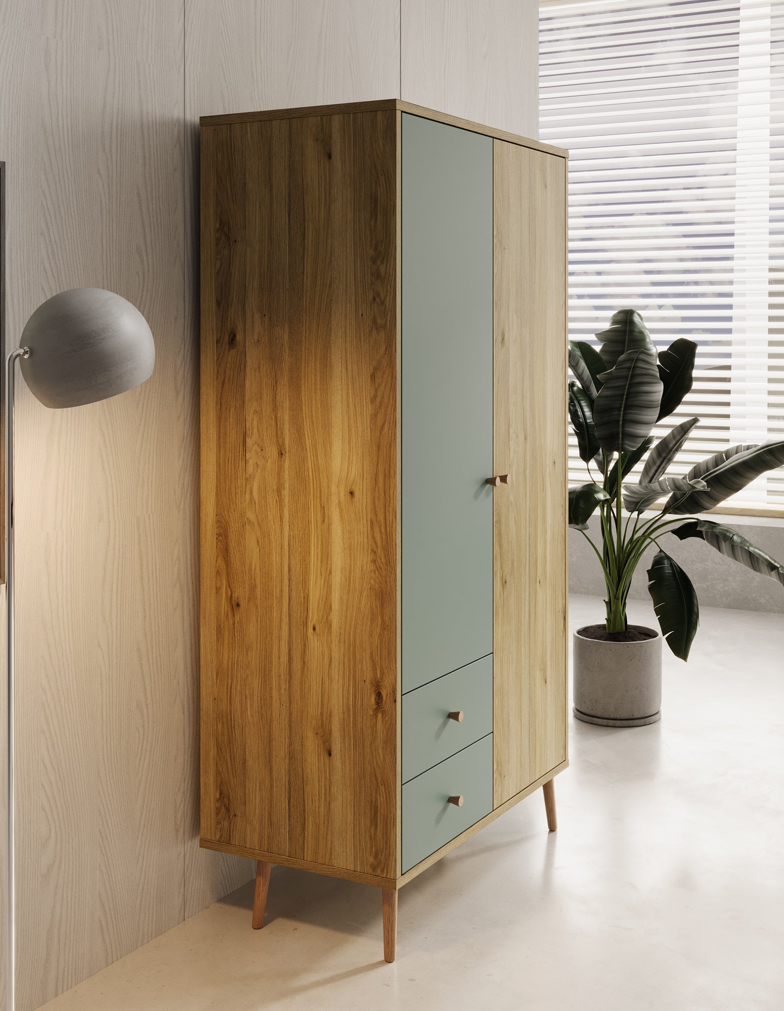 Wally - Kledingkast 2-deurs - Licht eiken/groen - 95x52x186 cm